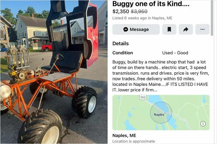 Homemade buggy with electric start and 3-speed transmission by inventive redneck engineers in Naples, Maine.