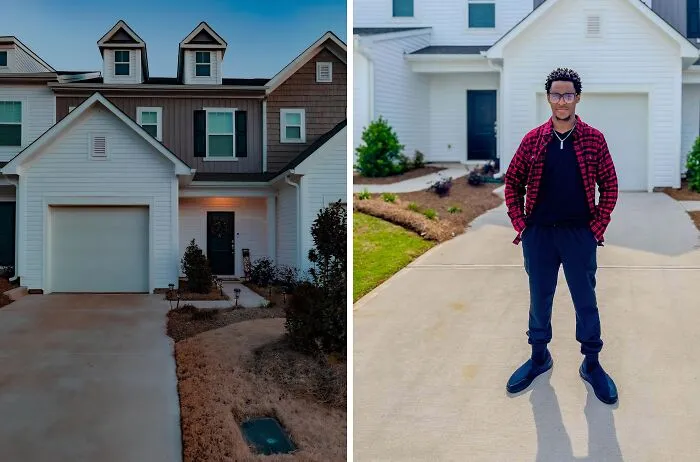 Young man standing confidently in front of a new home, showcasing turned dreams into reality and inspiring others online.