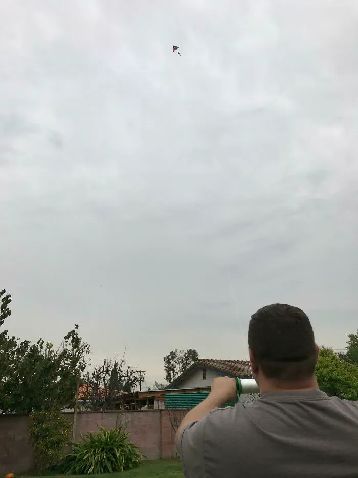 Man flying a kite in a backyard under a cloudy sky, capturing the playful side of men who never grow up.