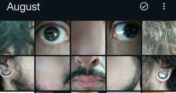 Close-up collage of a man's face showing eyes, nose, beard, and ear with stretched earlobe, illustrating men never grow up.