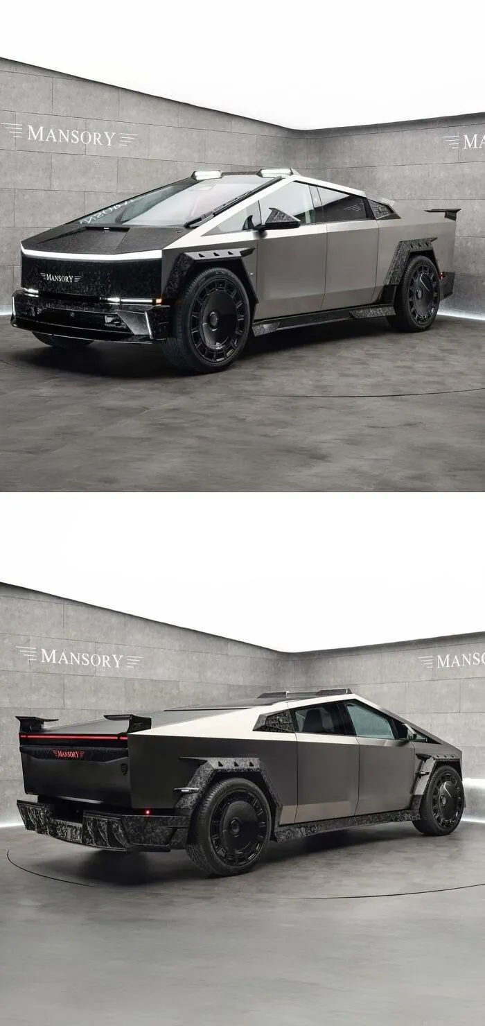 Modified Tesla Cybertruck with custom Mansory design in a showroom, showcasing an attempt to make the car cooler.