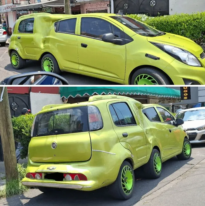 Two photos showing a lime green car with multiple body modifications resulting in a bizarre and impractical design.