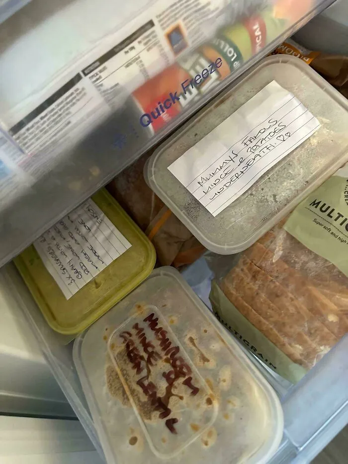 Labeled home-cooked meals in containers inside a freezer showing wholesome internet moments kindness.