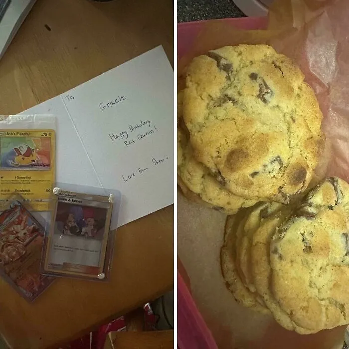 A birthday card with Pokemon cards on a table and a box of homemade cookies showcasing wholesome internet moments.