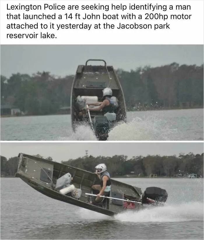 Man riding a 14 ft John boat with a 200hp motor showcasing redneck engineer ingenuity on a lake.