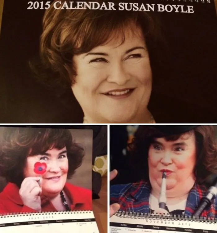 Collage of wholesome photos featuring playful moments from a 2015 Susan Boyle calendar, showcasing joyful expressions.