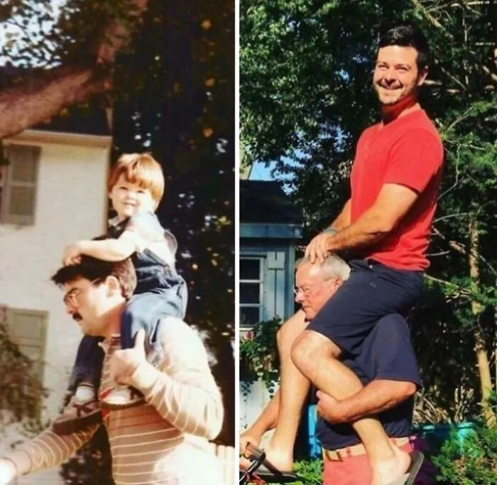 Split image showing two generations of men giving piggyback rides, illustrating wholesome photos of men not growing up.