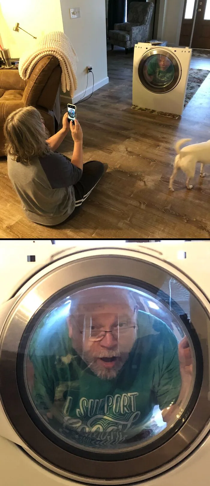 Así es el amor verdadero. Mi mamá tomando una foto de mi papá fingiendo que está atrapado en la secadora