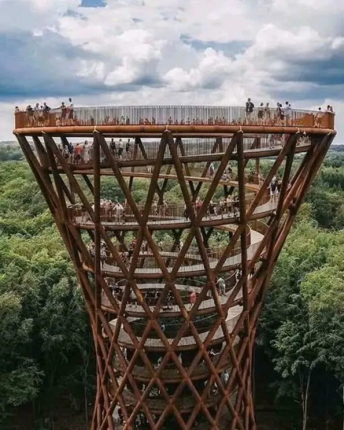 Observation tower with spiraling walkway surrounded by trees, symbolizing existence and reality in the universe.