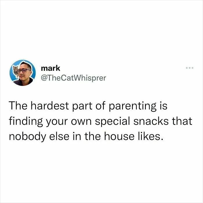 Tweet about the hardest part of parenting involving finding special snacks no one else in the house likes.