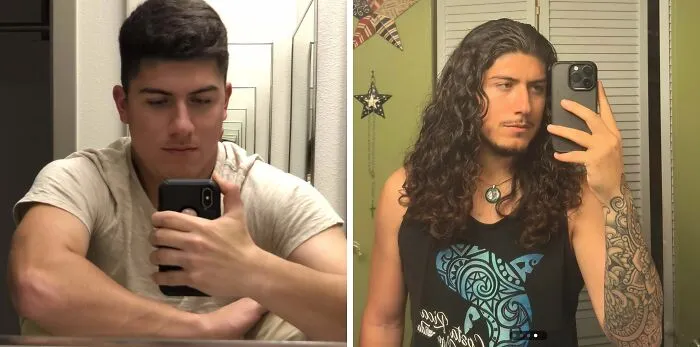 Side-by-side images of men showcasing fierceflow beautiful hair men with short and long curly hairstyles taking mirror selfies.