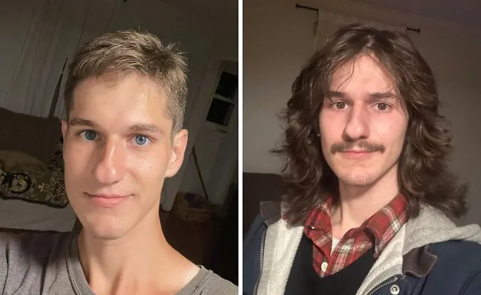 Two men with fierceflow beautiful hair styles, one with short hair and the other with long, voluminous hair indoors.