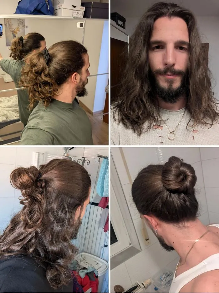 Man with fierceflow beautiful hair men styled in different long hair looks including ponytail, loose waves, and top bun.