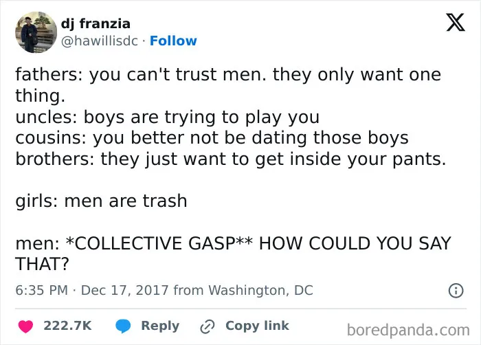 Text post from Fight The Patriarchy page highlighting family and gender stereotypes about men and reactions in a humorous way.