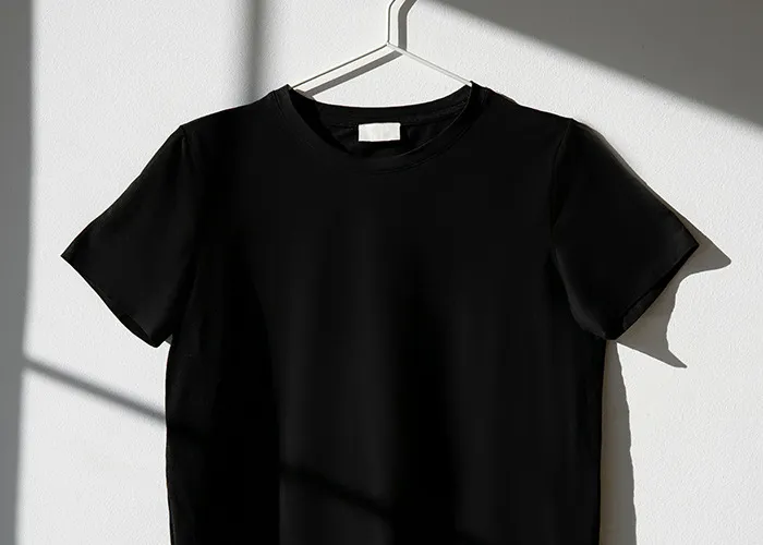 Plain black T-shirt hanging on a white wall with shadows, illustrating horrible gifts people have actually received.