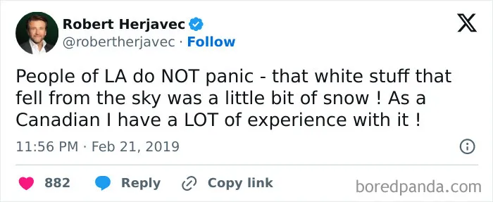 Tweet showing a Canadian roasting America about snow, highlighting Canadian experience with winter weather.