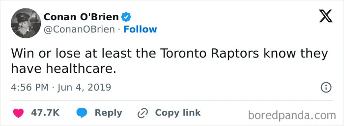 Tweet by Conan O’Brien roasting America with a humorous comment about Toronto Raptors and healthcare in Canada.