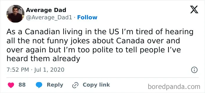 Tweet from Average Dad humorously addressing Canada roasting America with polite frustration about repeated jokes.