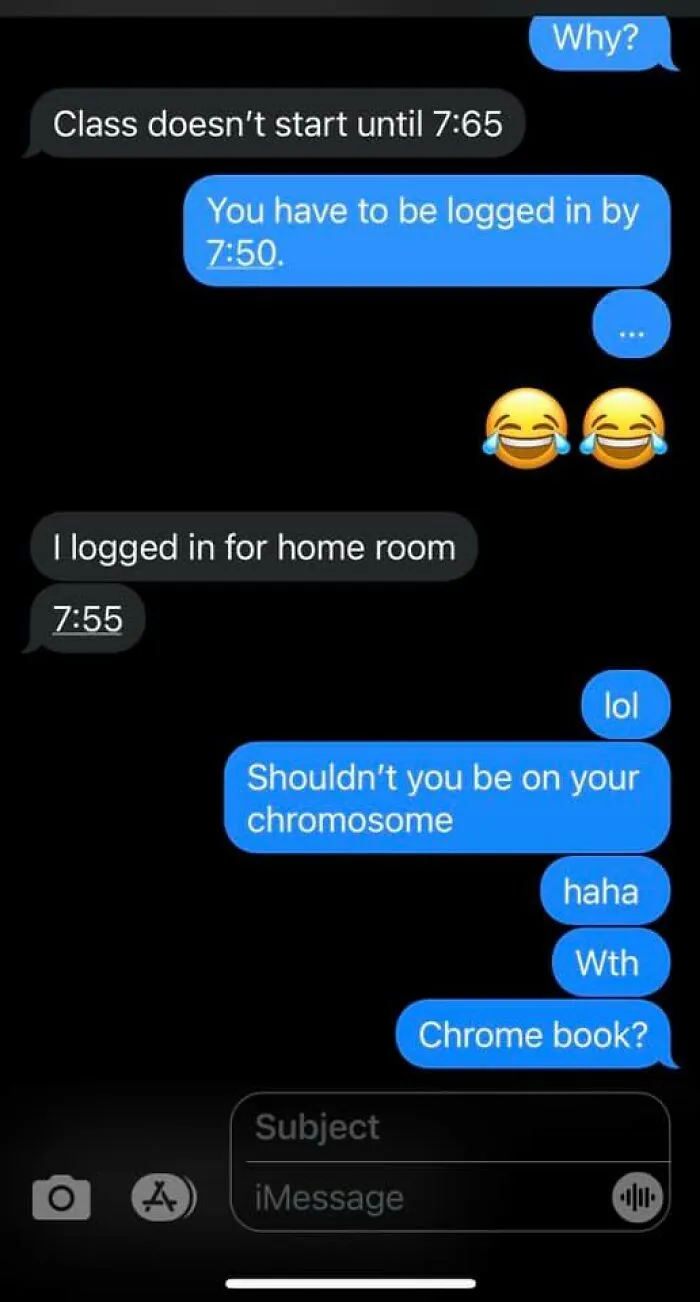 Text message conversation showing autocorrect errors causing confusion and laughter about logging in times and Chromebook mentions.
