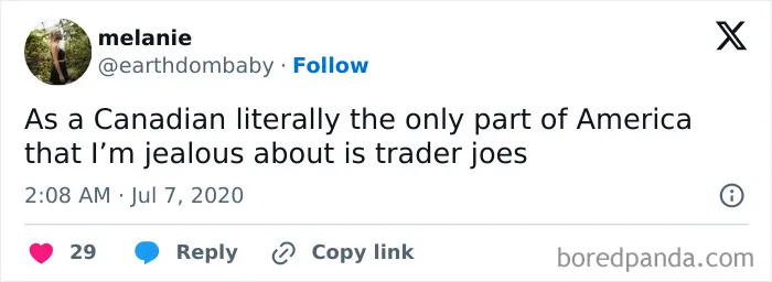Tweet screenshot showing a Canadian humorously roasting America about jealousy over Trader Joe’s in a viral social media post.
