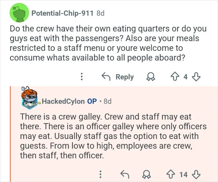 Cruise ship employees discuss crew meals, dining areas, and the behind the scenes look at their workplace hierarchy.