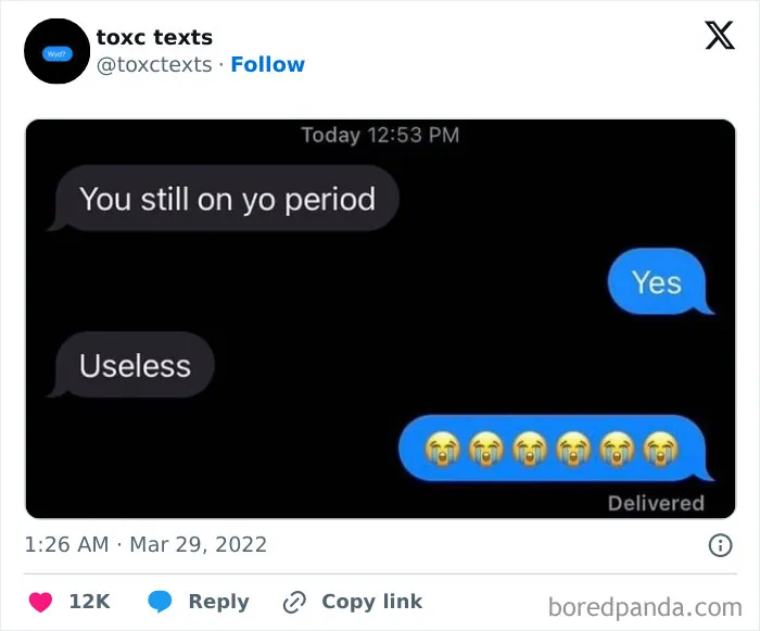 Screenshot of a toxic but funny text exchange with playful insults and crying emojis in a chat conversation.