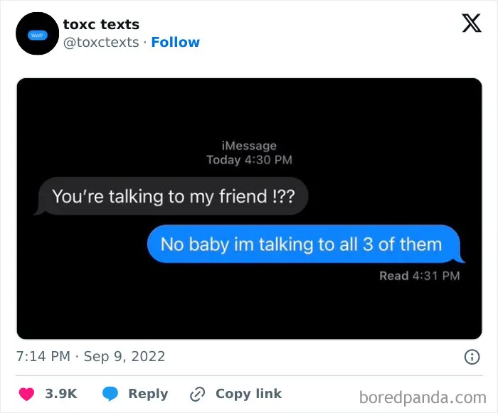 Screenshot of a toxic but funny text exchange with a sarcastic reply about talking to multiple friends.