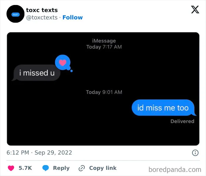 Screenshot of toxic but funny texts exchanging messages with playful and sarcastic tone on a dark iMessage screen.