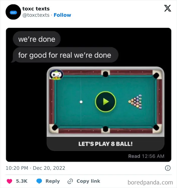 Screenshot of toxic funny text conversation with a message saying we're done above a digital 8 ball game prompt.