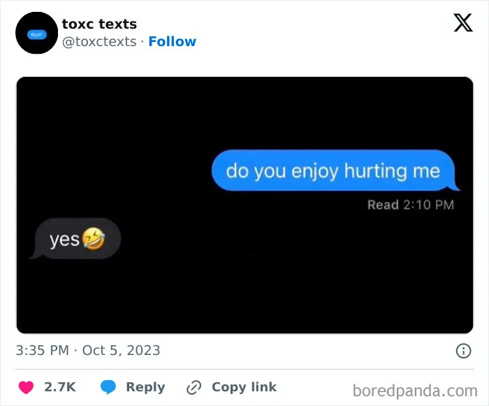 Screenshot of a toxic text conversation with a funny reply showing humor in toxic texts at 2:10 PM.