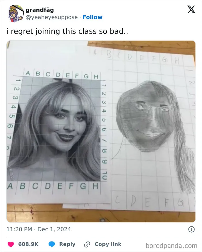 Side-by-side image of a grid portrait drawing and a humorous failed attempt sketch in an entertaining post to fight boredom.