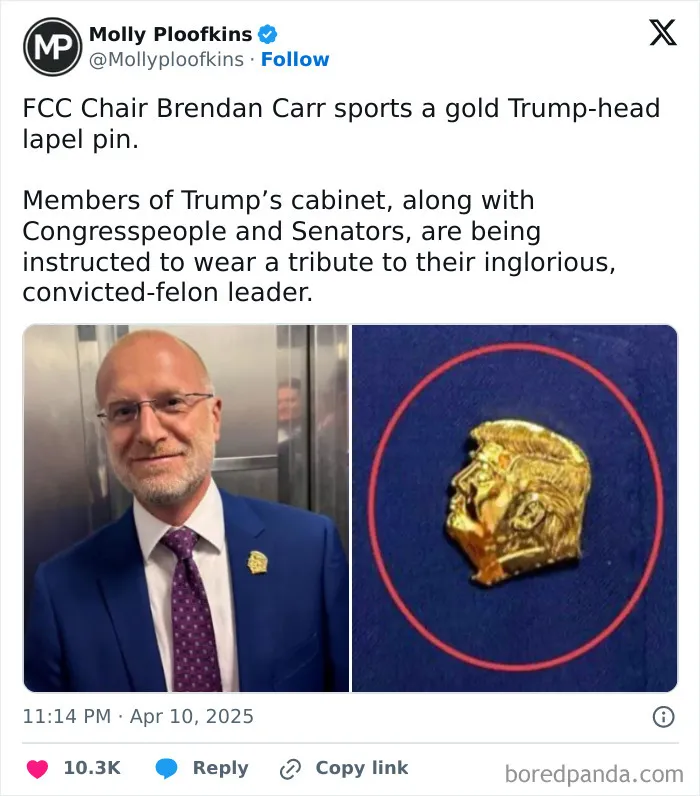 Screenshot of a tweet showing FCC Chair Brendan Carr wearing a gold Trump-head lapel pin in a there was an attempt fail pics context.