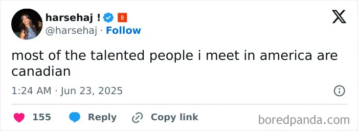 Tweet showing a humorous comment roasting America by praising Canadian talent, related to Canada roasted America.