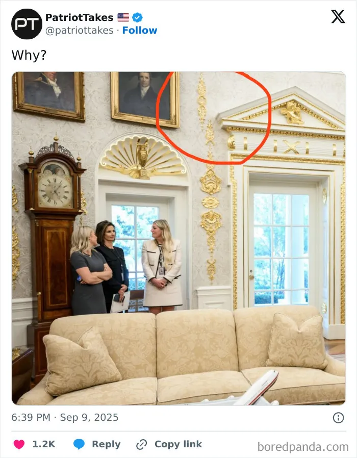 Three women standing in a decorated room with a clock and misplaced wall trim highlighted as there-was-an-attempt-fail-pics.