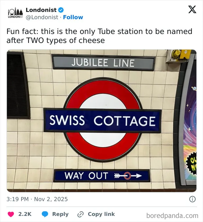 Tweet showing a humorous London Tube station sign for Swiss Cottage, featured in relatable X posts from November.