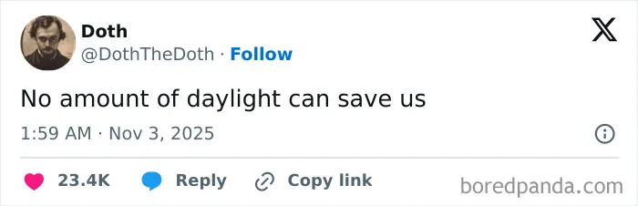 A humorous X post from November showing a relatable tweet about daylight and long days with engagement metrics.