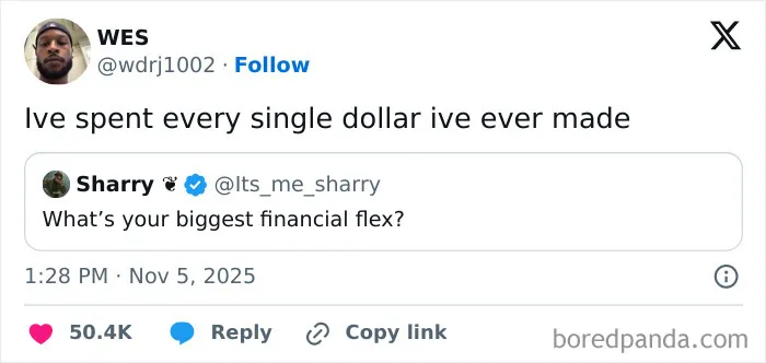 Twitter post humorously answering a financial flex question, shared as part of entertaining posts and memes to fight boredom.