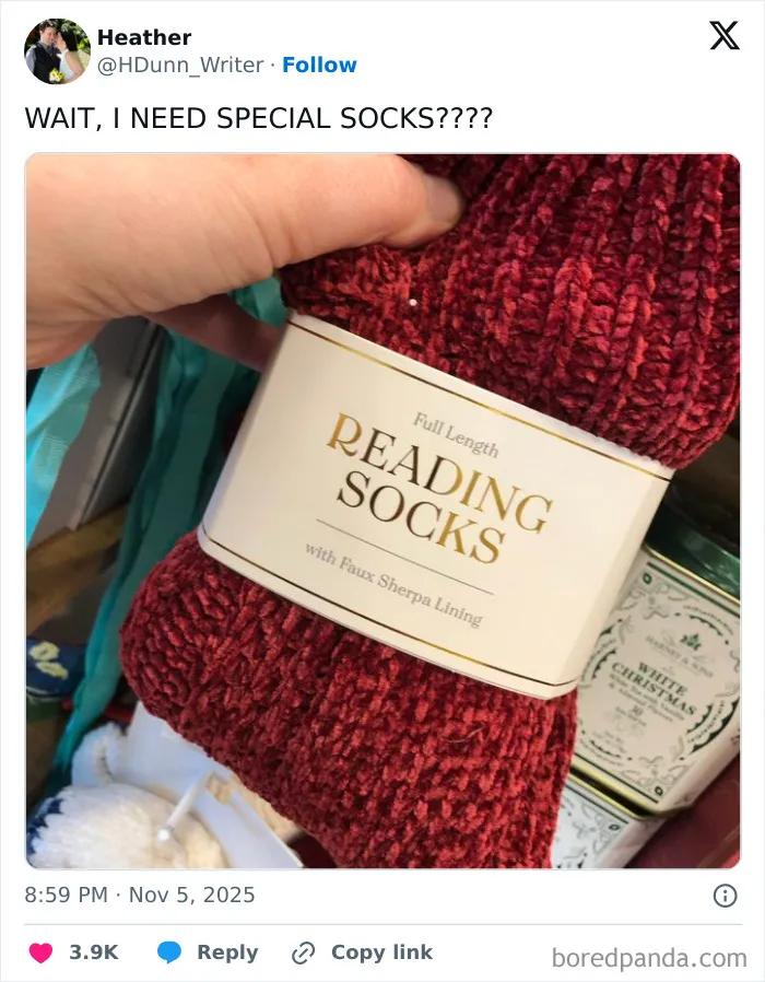 Hand holding a pair of red reading socks with faux sherpa lining shown in a humorous relatable X post.