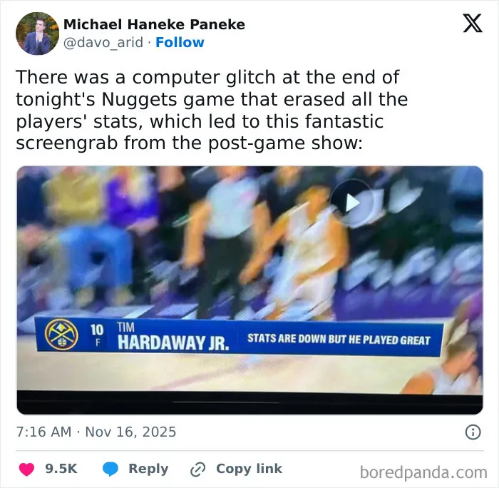 Screenshot of a humorous X post showing a basketball game glitch with funny player stats during a Nuggets post-game show.