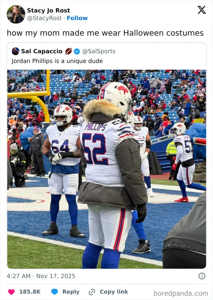 Football players warming up in winter gear on the field, relatable X posts bringing humor to a long day.