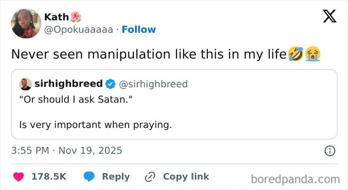 Screenshot of a hilarious and relatable X post about manipulation and prayer, trending on social media in November.