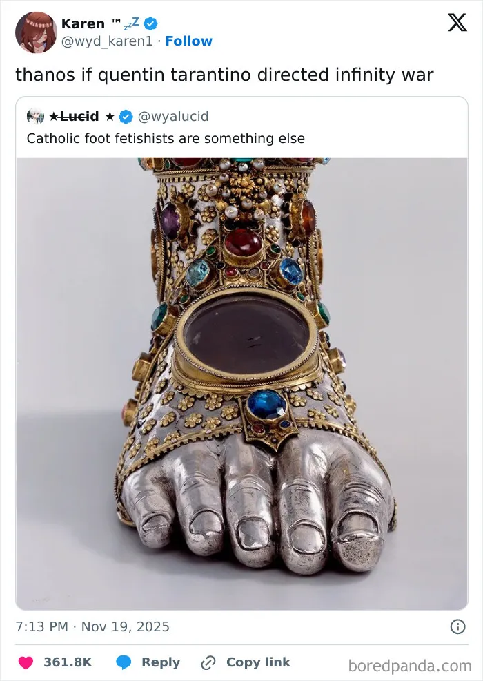 Ornate medieval foot relic adorned with jewels, featured in hilarious and relatable X posts to brighten a long day.