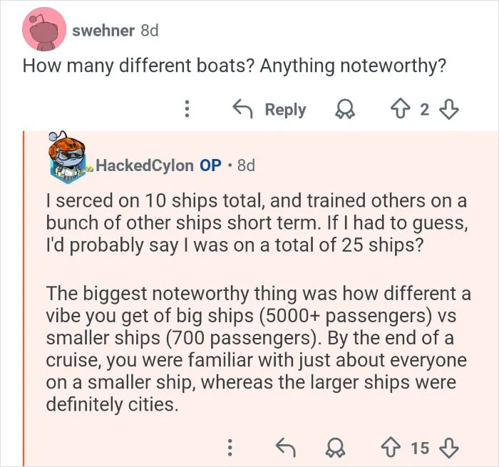 Reddit conversation where cruise ship employees share behind the scenes insights about working on different sized ships.