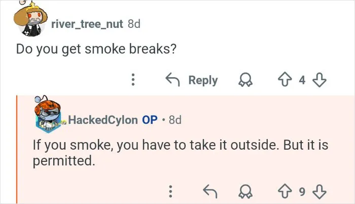 Screenshot of a conversation discussing smoke breaks as part of the behind the scenes look at cruise ship employees’ workplace.