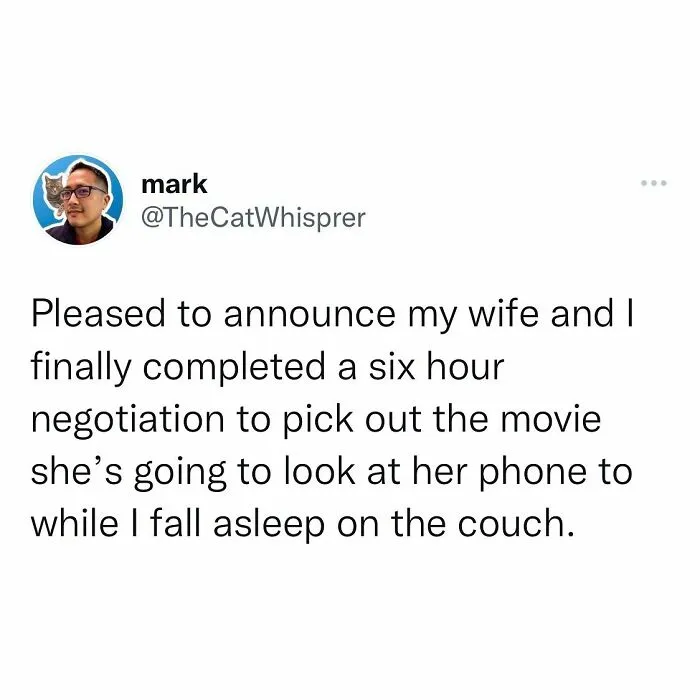 Tweet about relatable parenting and marriage struggles humorously highlighting negotiation over movie choices and multitasking.