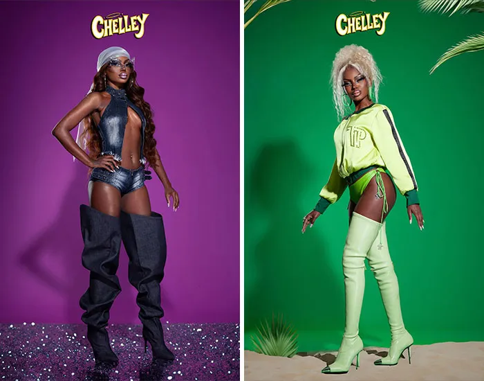 Model showcasing two bold celebrity Halloween costumes with vibrant backgrounds, highlighting standout celebrity Halloween costume styles.