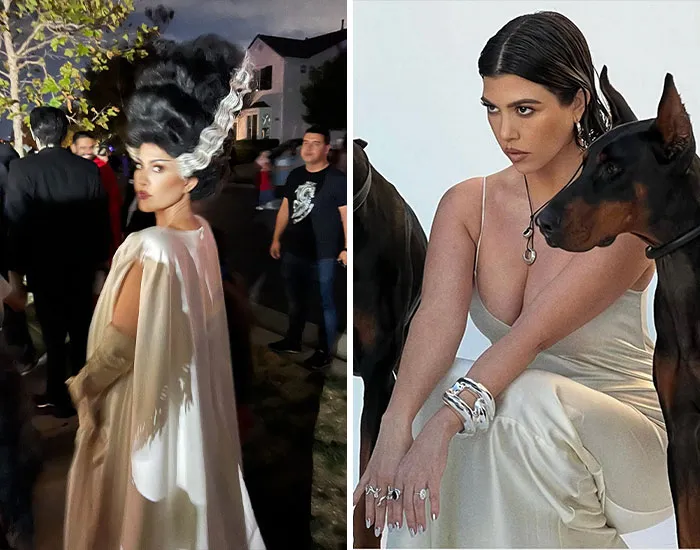 Celebrities showcasing impressive Halloween costumes with creative styles and detailed looks at a festive event.