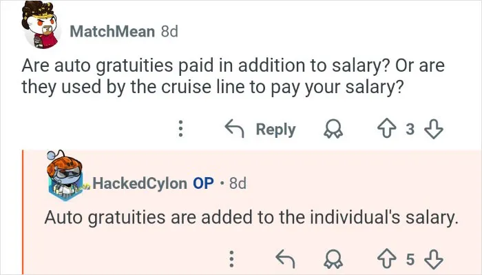 Cruise ship employees discuss how auto gratuities affect their overall salary and workplace earnings.