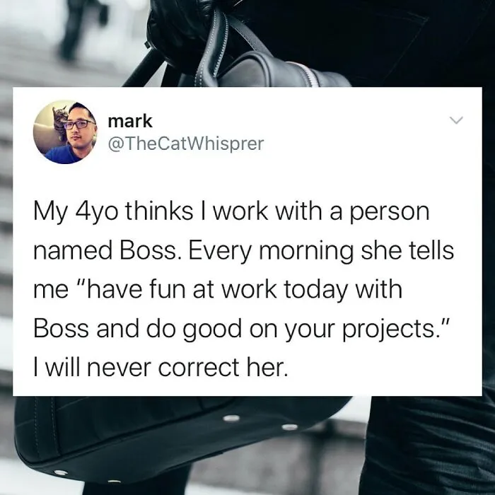 Tweet about parenting humor where a 4-year-old calls a parent’s coworker Boss, illustrating relatable parenting moments.