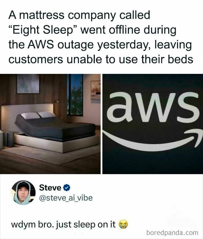 Highlighted meme about a mattress company offline during AWS outage causing a fail in bed usage attempt.